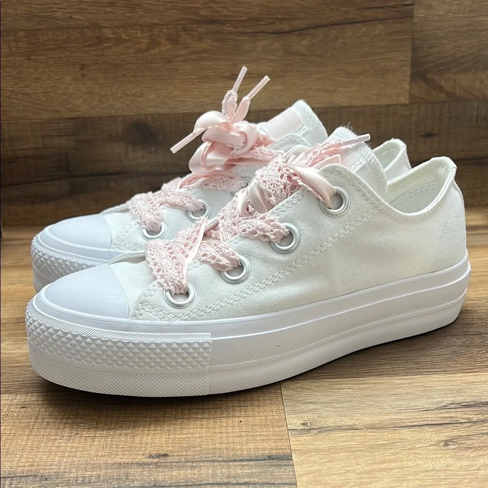 Converse White Sneakers with Pink Lace platform